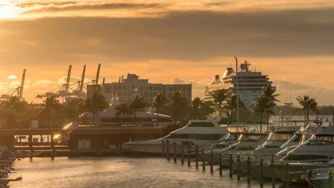 Sunrise time lapse over bay of Miami with yachts and cruise liner, Florida. USA Video stock 88414227