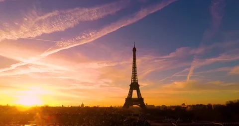 The sunrise time lapse over the Eiffel Tower of Paris. Colourful pullout scene. Stock Footage 93242884