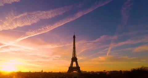 The sunrise time lapse over the Eiffel Tower of Paris. Colourful time Stock Footage 93242888
