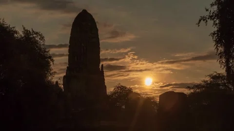 Sunrise timelapse of ancient prang silhouette at Wat Phra Ram Stock Footage 345545231