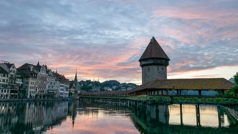 Sunrise timelapse at Chapel Bridge, Lucerne (Luzern), Switzerland 4K Time lapse Stock Footage