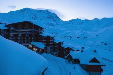 Sunrise timelapse of Val Thorens in winter french alps Stock Footage 235034258