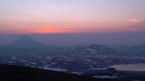 Sunrise from the top of the Gorely volcano on  Kamchatka  in Russia. Stock Footage