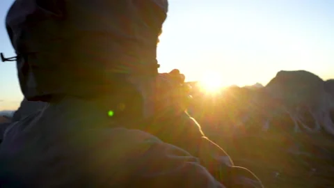Sunrise on top of mountain in freezing cold. Stock Footage 143364644