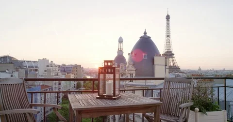 Sunrise view Eiffel Tower Paris from hotel balcony watching 360 video Video stock 73332354