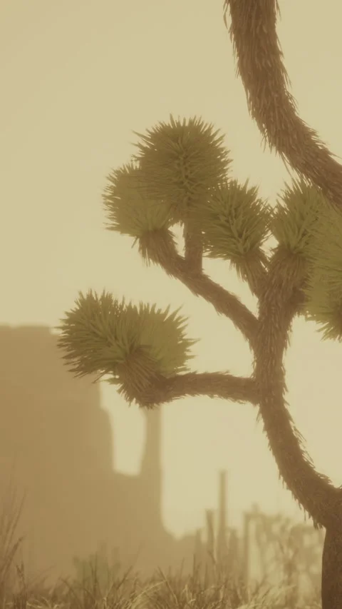 Sunrise view of a Joshua tree in a desert landscape with soft light Stock Footage 335969387