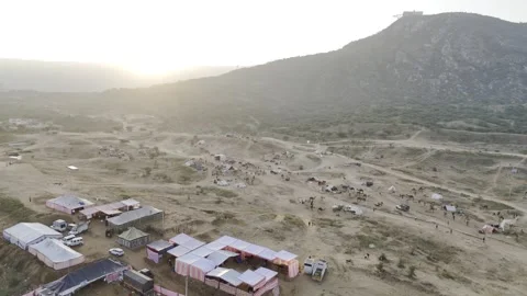 Sunrise View of Pushkar Cattle Fair with Camels, Tents, and Aravalli Hills Stock-Footage 321544595