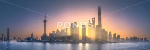 Sunrise view of Shanghai skyline with sunshine Stock Photos