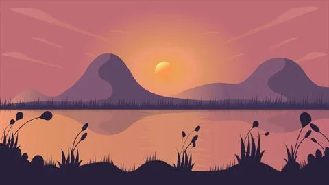 Sunrise view with sun peaking up from the mountains, makes silhouette of bushes Stock Illustration