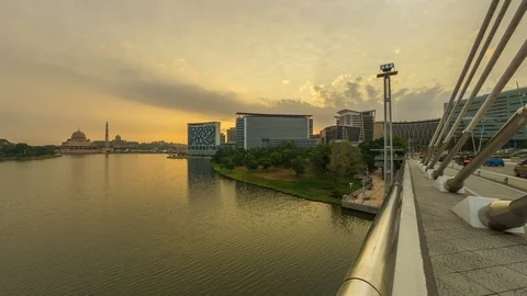 Sunrise View From Wawasan Bridge With Reflection On Lake Surface, Pan Right Video stock 106796310