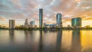 Sunrise On Waterfront, Yekaterinburg City, Russia, Time Lapse (Hyper Lapse) Stock Footage