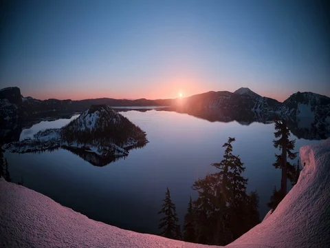 Sunrise, wide angle landscape time lapse Crater Lake National Park, Oregon, Wint Stock Footage 74794784