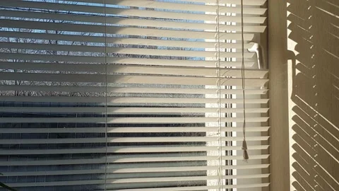The sun's rays make their way through the blinds in the evening at sunset. Video stock 143341316