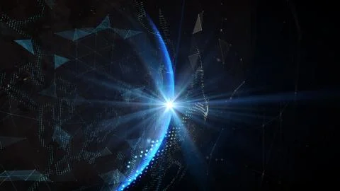 The sun's rays over earth in outer space. Earth Globe technology with Light Illustrazione stock