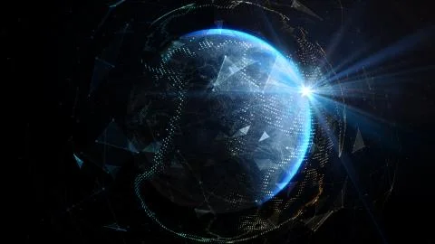 The sun's rays over earth in outer space. Global world network and Stock-Illustration