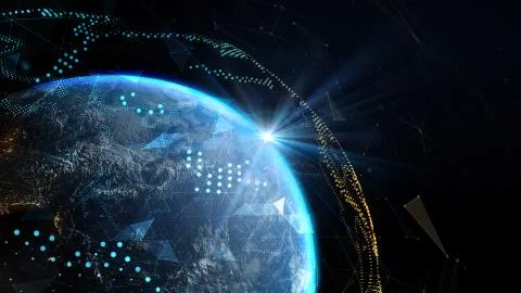 The sun's rays over earth in outer space. Global world network and Illustrazione stock