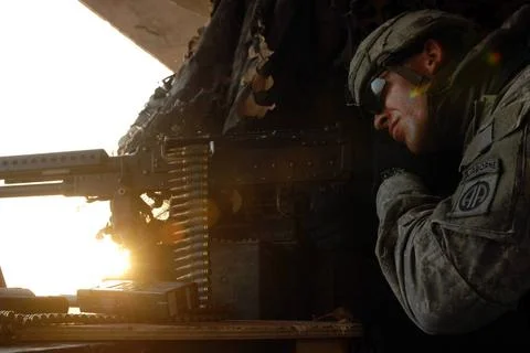 The suns sets on another day in southeastern Baghdad as Spc. Joshua MacQua... Stock Photos