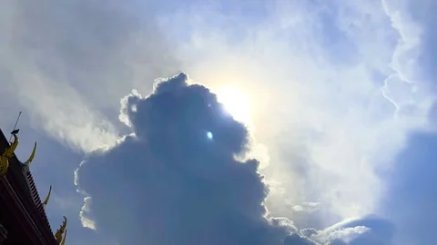 The Sun's Shining Behind Big Cloud and Bird on Part of Roof of Temple Stock Footage 327795473