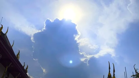 The Sun's Shining Behind Big Cloud and Parts of Roofs of Temple on Blue Sky Stock Footage 330214875