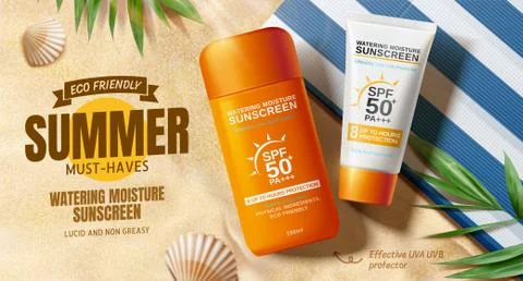 Sunscreen ads on beautiful beach Stock Illustration