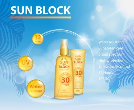 Sunscreen ads template, sun protection, sunblock and sunbath cosmetic products Stock Illustration