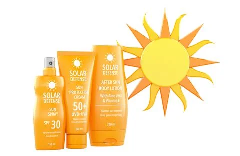Sunscreen and after sun products with decorative sun. 3D rendering Ilustración de archivo
