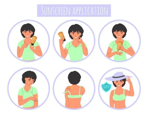 Sunscreen application steps, flat vector illustration. Sunburn protection Stockillustratie