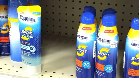 Sunscreen Available for Purchase Inside of a Retail Store Stock Footage 136341816