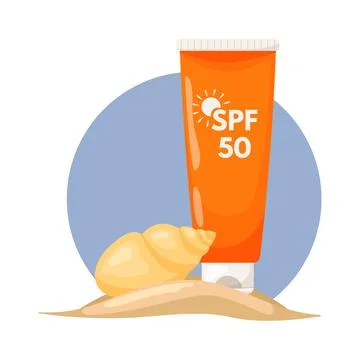 Sunscreen on a blue background with a seashell. Moisturizing and protecting your Stock Illustration