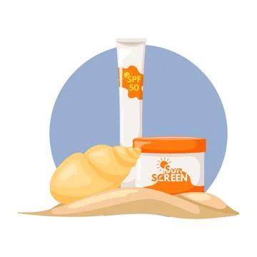 Sunscreen for the body on a blue background with a seashell. Moisturizing and Stock Illustration