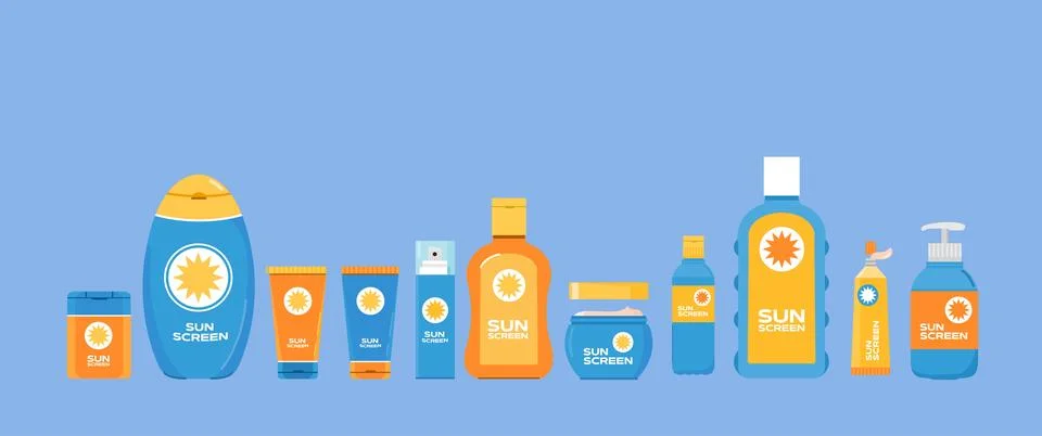 Sunscreen bottle icon set. Flat illustration of body protection cream icon Stock Illustration