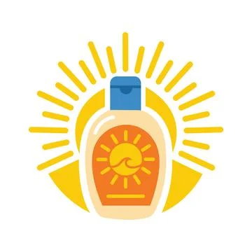 Sunscreen bottle icon with sun rays background vector Ilustração Stock