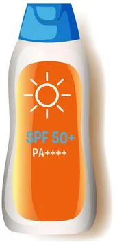 Sunscreen Bottle with SPF 50 Plus and Sun Icon Vector Illustration Stock Illustration
