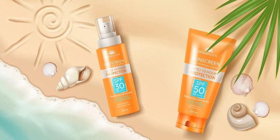 Sunscreen Bottles on a Sandy Beach Background Stock Illustration