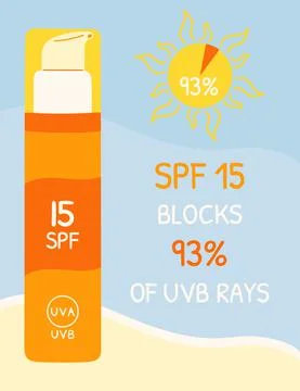 Sunscreen bottles with SPF 15 that blocks UVB rays. Sunscreen protection info Stock Illustration