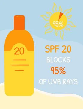 Sunscreen bottles with SPF 20 that blocks UVB rays. Sunscreen protection info Stock Illustration