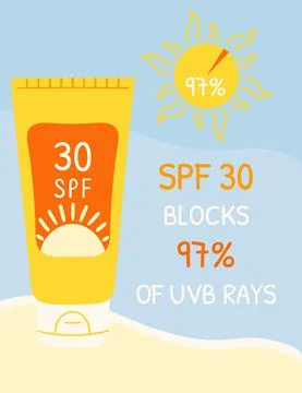 Sunscreen bottles with SPF 30 that blocks UVB rays. Sunscreen protection info Stock Illustration