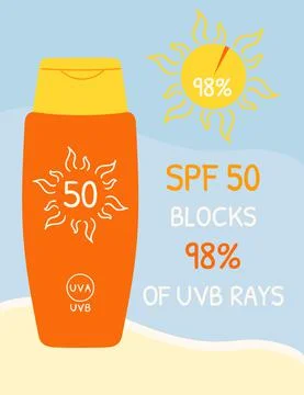 Sunscreen bottles with SPF 50 that blocks UVB rays. Sunscreen protection info Stock Illustration