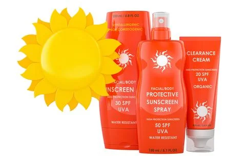 Sunscreen bottles with sun symbol, spf protection skincare concept, 3d rend.. Ilustración de archivo