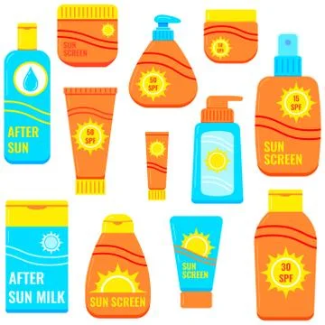 Sunscreen bottles vector icon set isolated on white background. Stock Illustration