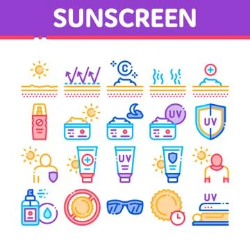Sunscreen Collection Elements Icons Set Vector Stock Illustration