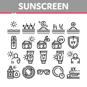 Sunscreen Collection Elements Icons Set Vector Stock Illustration