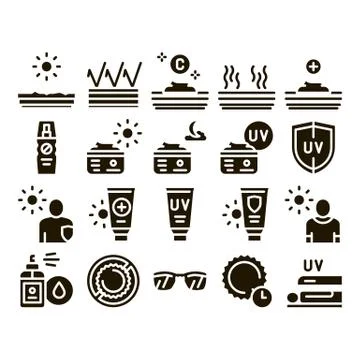 Sunscreen Collection Elements Icons Set Vector Stock Illustration