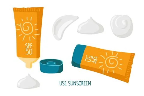Sunscreen cosmetics. SPF cream blocks the sun's rays. Open and closed containers Stock Illustration