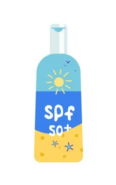 Sunscreen cream spf 50 in bottle. Sun safety cosmetic. Flat, cartoon, vector Stock Illustration