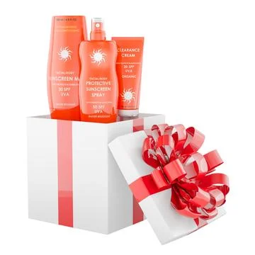 Sunscreen gift set with red ribbon. 3D rendering Stock Illustration