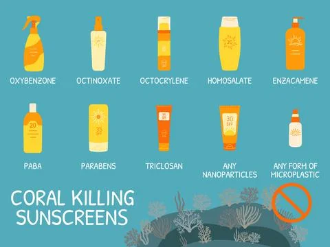 Sunscreen ingredients that can kill coral reefs. Chemical sea pollution infog Stock Illustration