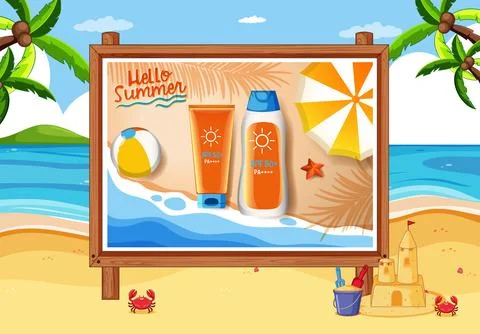 Sunscreen Lotion and Spray Bottles on a Summer Beach Billboard Illustration Illustrazione stock