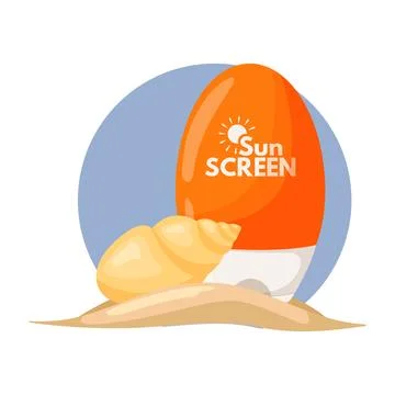 Sunscreen lotion on a blue background with a seashell. Moisturizing and Stock Illustration