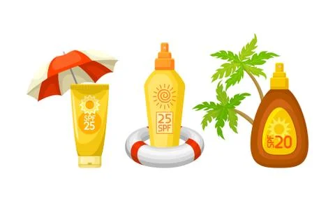 Sunscreen Lotion Bottles with Sun Filter and Beach Elements Vector Set Stock Illustration
